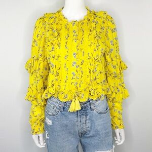Happy Nature Yellow Floral Blouse Top Size S Casual Boho Ruffles Colorful